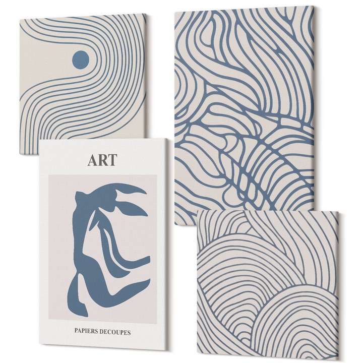 Set Tablou Canvas, Wallfluent, Linii albastre abstracte, 4 piese, 2x40x40 + 2x40x60 cm, Decorativ, Modern, 040030010490000287940