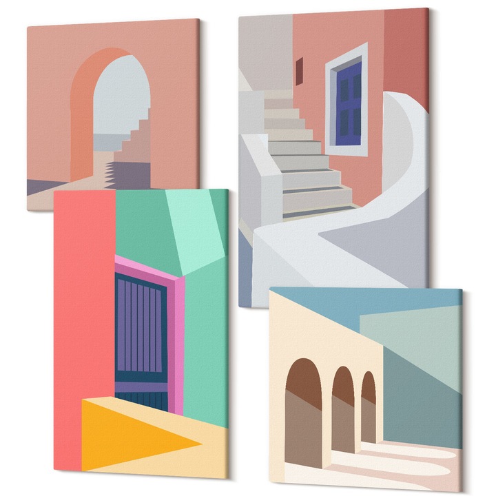 Set Tablou Canvas, Wallfluent, Cladiri moderne colorate, 4 piese, 2x40x40 + 2x40x60 cm, Decorativ, Modern, 040030010490000288968