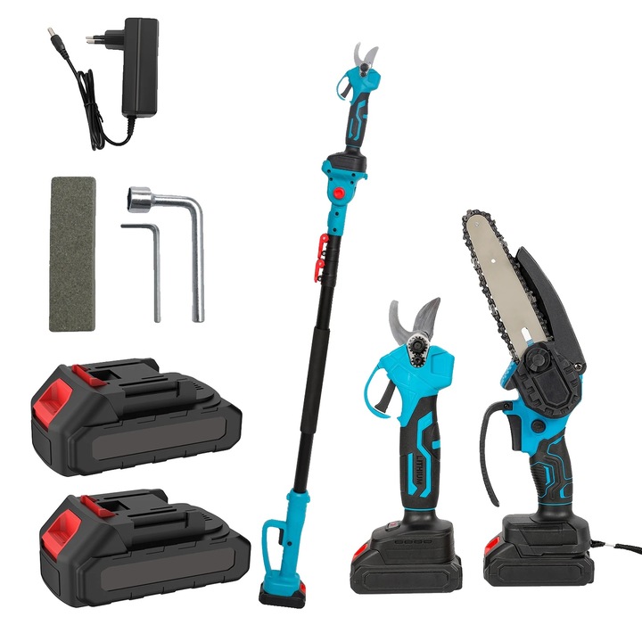 Fierastraie cu lant electric, telescopic, motor fara perii, 2 baterii, lungime ajustabila, usor de utilizat