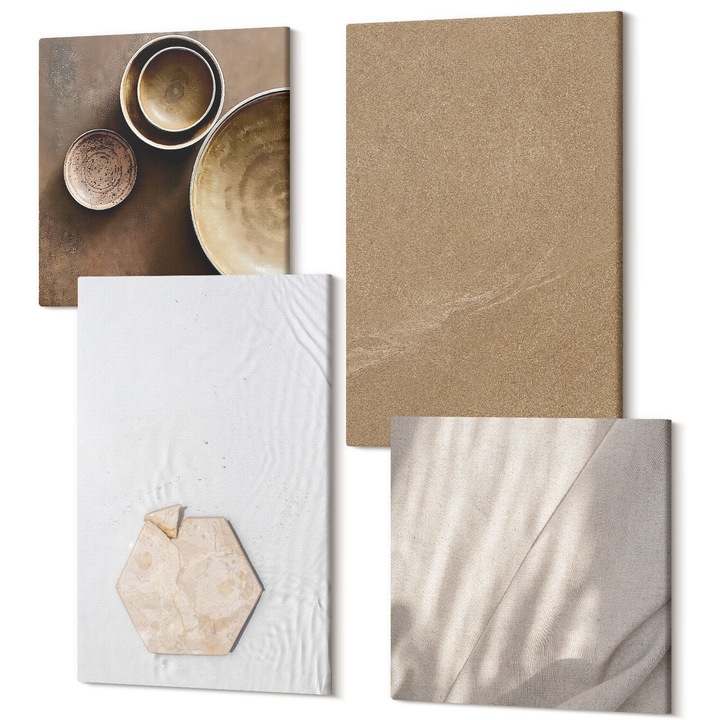 Picturi pe panza tetraptic pentru living, Wallfluent, Texturi calde minimaliste, 4 piese, 2x40x40 + 2x40x60 cm, Decorativ, Modern, 040030010490000289001