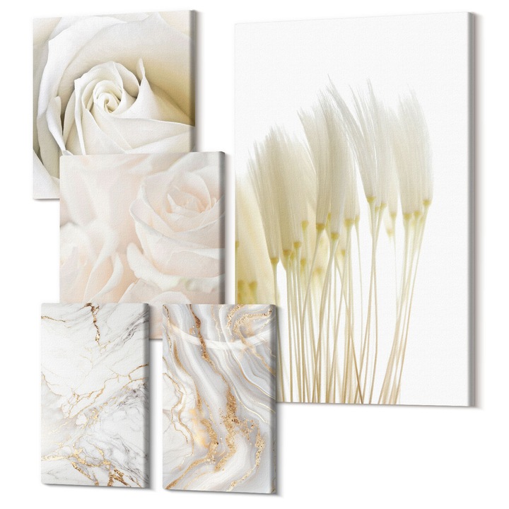 Set Tablou Canvas, Wallfluent, Modele elegante de marmura, 5 piese, (2x20x30 + 2x30x30 + 40x60 cm), Decorativ, Modern, 040030010500000288058