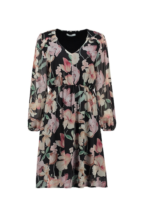 Zabaione, Rochie midi cu decolteu rotund si model floral, Negru/Roz/Verde menta