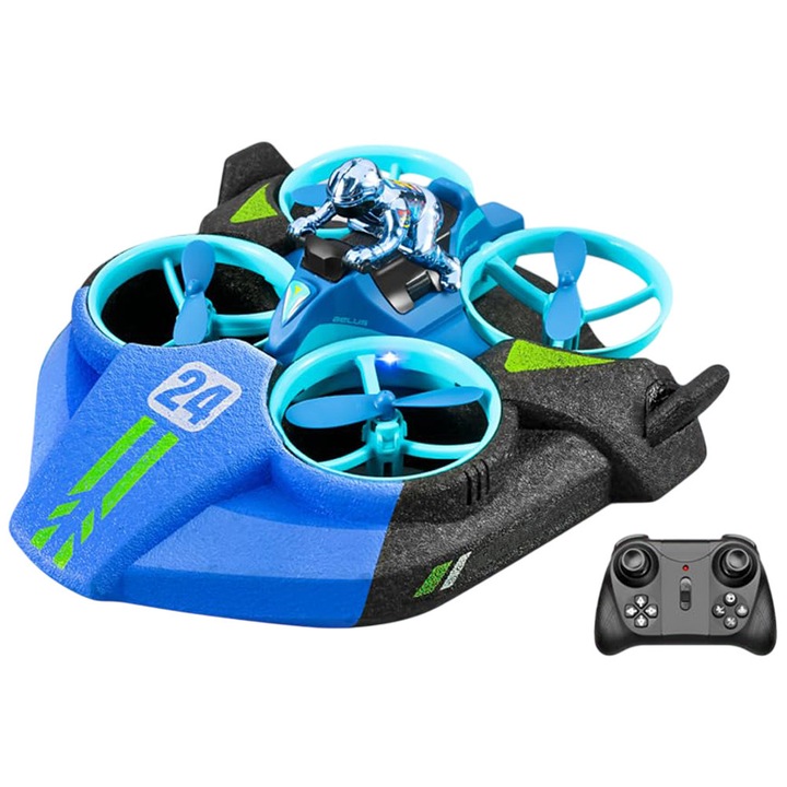 Set Jucarie Masina de Drift Cu Telecomanda Pentru Copii 3 IN 1, MorFansi®, Cascadorii Terestre, Maritime Si Aeriene, 2.4Ghz, Rotire 360°, Impermeabil, Lumini LED, Incarcare USB, 3 ani+, Albastru