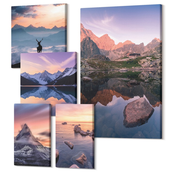 Picturi pe panza pentaptic pentru living, Wallfluent, Peisaje munti lacuri jelen, 5 piese, (2x20x30 + 2x30x30 + 40x60 cm), Decorativ, Modern, 040030010500000288028