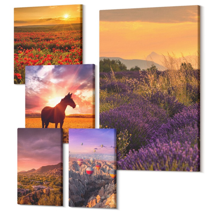 Picturi pe panza pentaptic pentru living, Wallfluent, Peisaj montan cal lavanda, 5 piese, (2x20x30 + 2x30x30 + 40x60 cm), Decorativ, Modern, 040030010500000288091