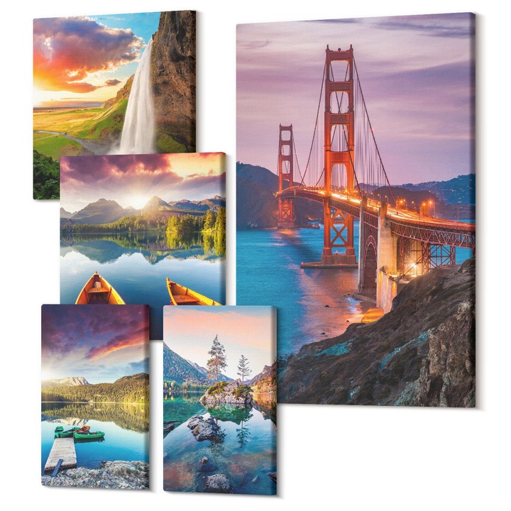 Set Tablou Canvas, Wallfluent, Lacuri de munte barci poduri, 5 piese, (2x20x30 + 2x30x30 + 40x60 cm), Decorativ, Modern, 040030010500000288065