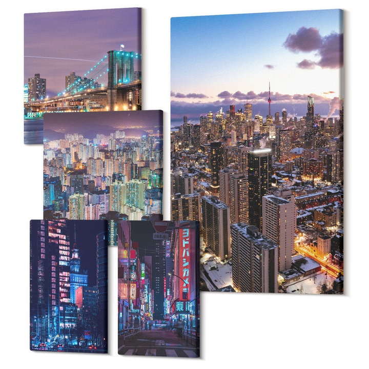 Decor perete tablouri, Wallfluent, Calea pe cer cu flori de munte, 5 piese, (2x20x30 + 2x30x30 + 40x60 cm), Decorativ, Modern, 040030010500000288216