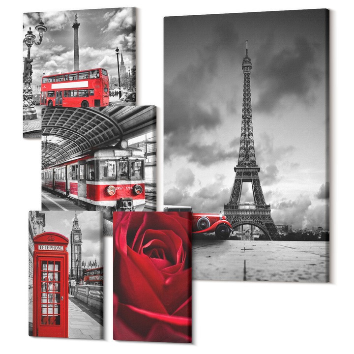 Set Tablouri Canvas decor interior, Wallfluent, Orase emblematice Londra Paris calea ferata, 5 piese, (2x20x30 + 2x30x30 + 40x60 cm), Decorativ, Modern, 040030010500000288087