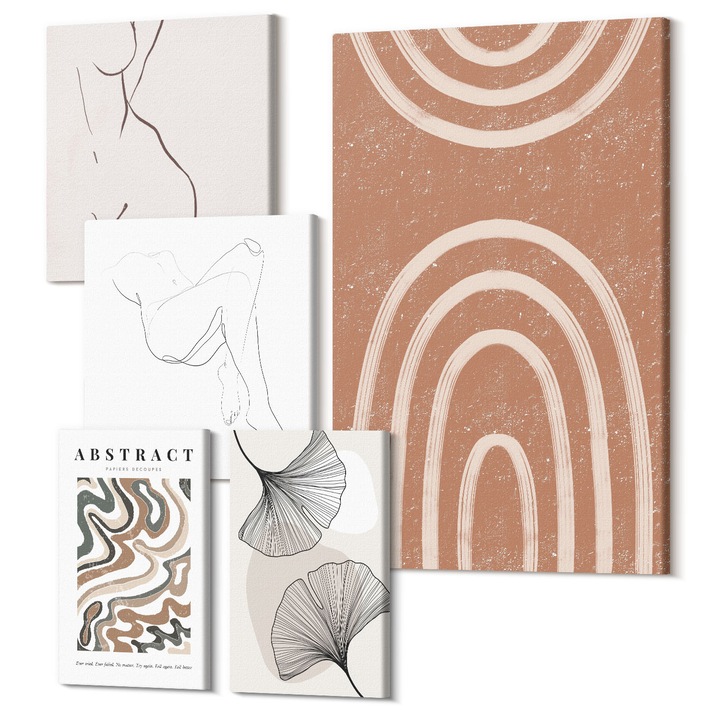 Set Tablou 5 piese pentaptic, Wallfluent, Forme abstracte de frunze boho, 5 piese, (2x20x30 + 2x30x30 + 40x60 cm), Decorativ, Modern, 040030010500000288155