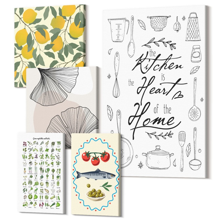 Decor perete tablouri, Wallfluent, Ierburi de bucatarie pictura cu lamaie, 5 piese, (2x20x30 + 2x30x30 + 40x60 cm), Decorativ, Modern, 040030010500000288111