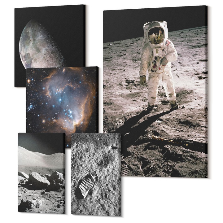 Picturi pe panza pentaptic pentru living, Wallfluent, Fotografie cu traseul lunii astronautului, 5 piese, (2x20x30 + 2x30x30 + 40x60 cm), Decorativ, Modern, 040030010500000288147