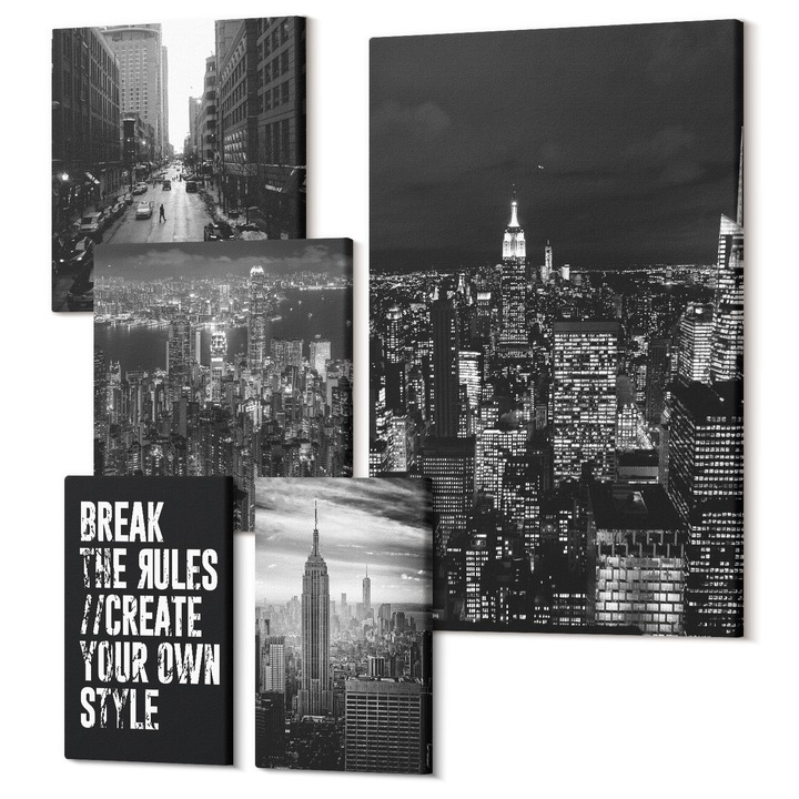 Set Tablouri Canvas decor interior, Wallfluent, Strazile orasului inspiratie alb-negru, 5 piese, (2x20x30 + 2x30x30 + 40x60 cm), Decorativ, Modern, 040030010500000288122