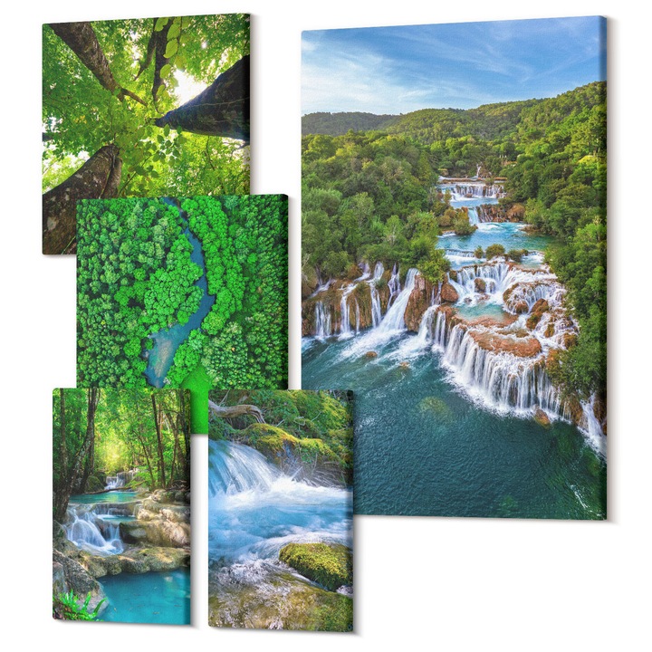 Set Tablouri Canvas decor interior, Wallfluent, valuri de plaja sky pier walk, 5 piese, (2x20x30 + 2x30x30 + 40x60 cm), Decorativ, Modern, 040030010500000288206