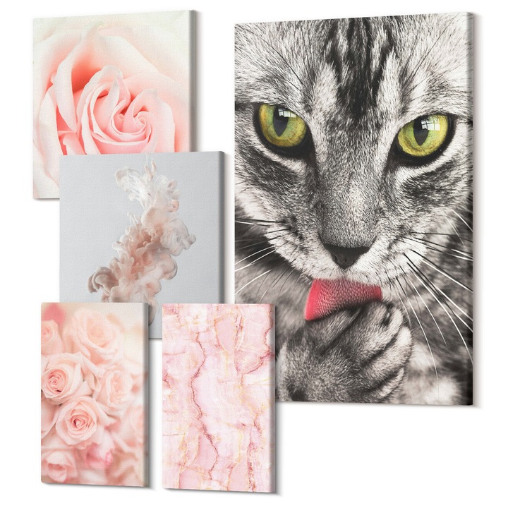 Set Tablou Canvas, Wallfluent, Bucatarie boho iarba litere, 5 piese, (2x20x30 + 2x30x30 + 40x60 cm), Decorativ, Modern, 040030010500000288226