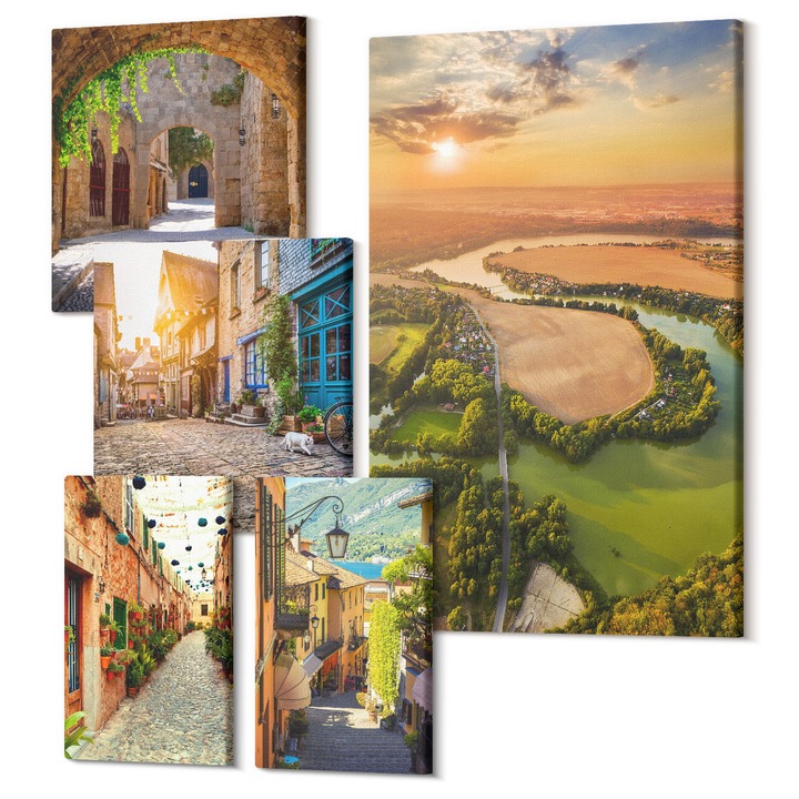 Tablouri modulare perete, Wallfluent, Peisaje de vara in stil boho, 5 piese, (2x20x30 + 2x30x30 + 40x60 cm), Decorativ, Modern, 040030010500000288243