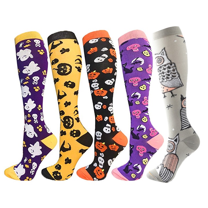 Sosete pentru Halloween, set 5 perechi, negru cu dovleac, mov cu fantoma, galben cu dovleac, mov cu fantoma, bej cu bufnita