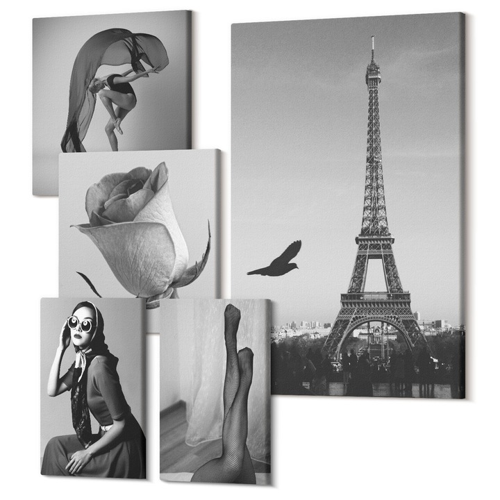 Set Tablouri Canvas decor interior, Wallfluent, Portrete elegante ale femeilor elegante, 5 piese, (2x20x30 + 2x30x30 + 40x60 cm), Decorativ, Modern, 040030010500000288178