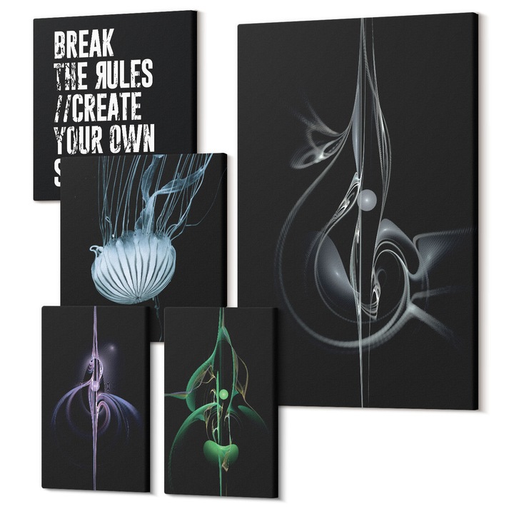 Set Tablouri Canvas decor interior, Wallfluent, Trandafiri de pisica gri abstracti, 5 piese, (2x20x30 + 2x30x30 + 40x60 cm), Decorativ, Modern, 040030010500000288227