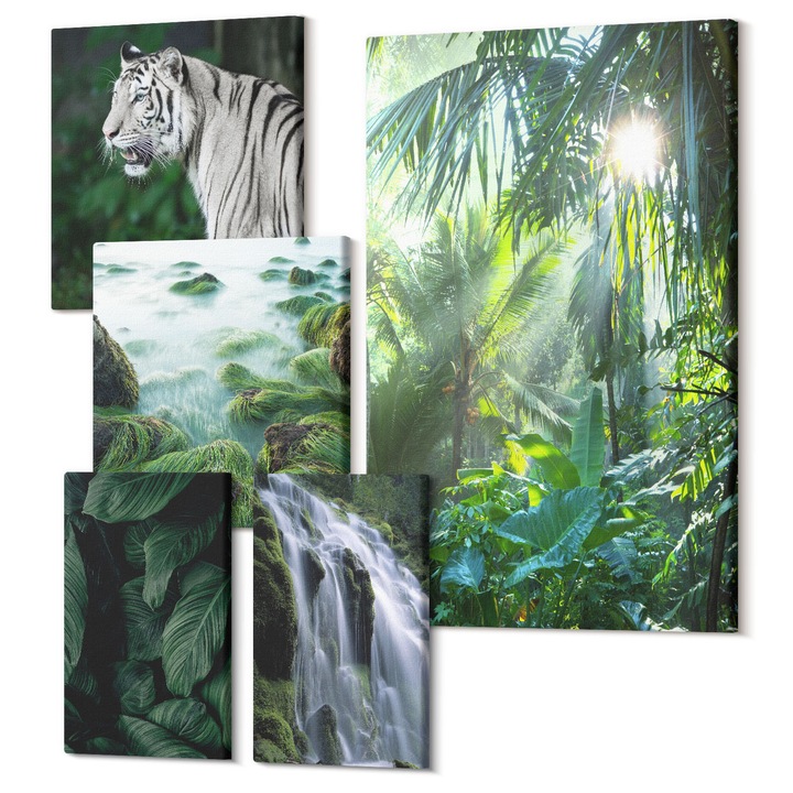 Tablouri modulare perete, Wallfluent, Lasa flori in culori, 5 piese, (2x20x30 + 2x30x30 + 40x60 cm), Decorativ, Modern, 040030010500000288229