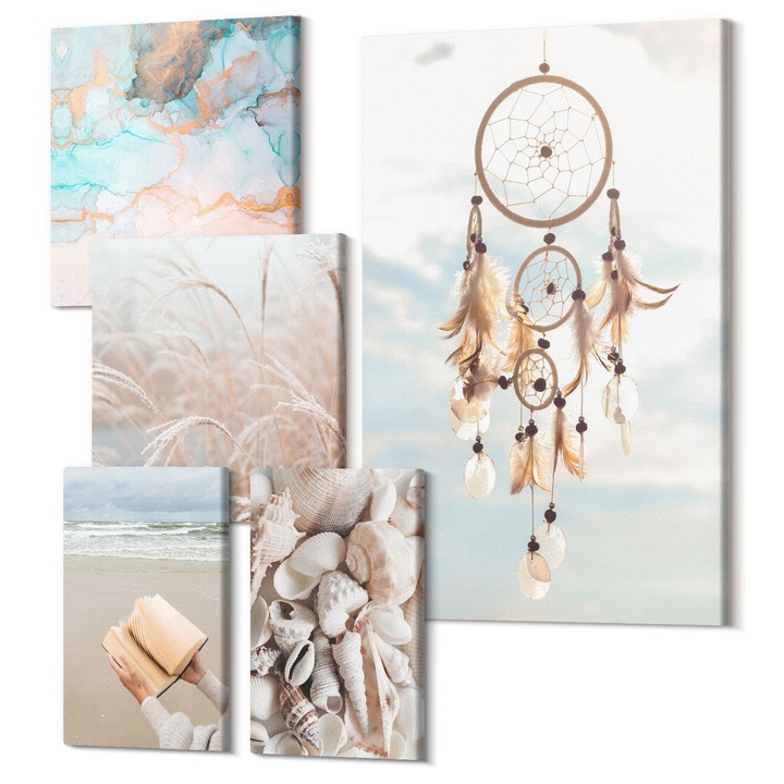 Set Tablou 5 piese pentaptic, Wallfluent, Vederi la oras, poduri, Turnul Eiffel, masina, 5 piese, (2x20x30 + 2x30x30 + 40x60 cm), Decorativ, Modern, 040030010500000288239