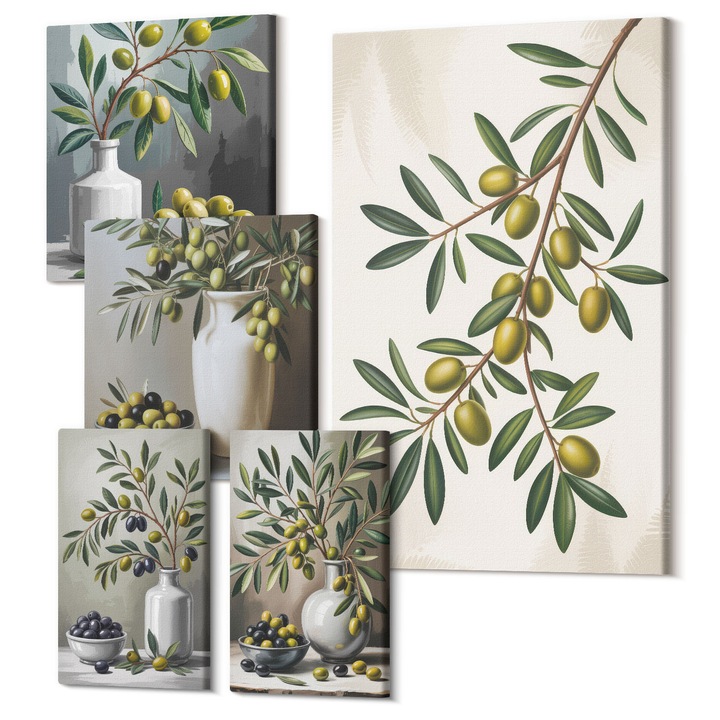 Decor perete tablouri, Wallfluent, Masline in vaze gri, 5 piese, (2x20x30 + 2x30x30 + 40x60 cm), Decorativ, Modern, 040030010500000288300