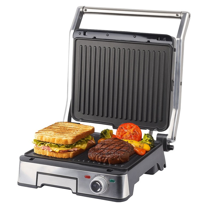 Gratar electric iHunt Bro Dual Grill XXL, 1800W, Incalzire rapida 90° - 180° C, Indicator gatire, Placi detasabile cu invelis antiaderent 29*23cm, Inox, Silver