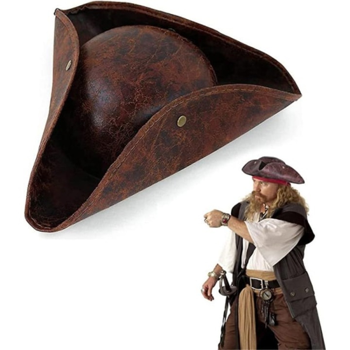 Palarie de pirat pentru adulti, tricorn, din piele ecologica, culoare maro, dimensiuni 33x25x10cm