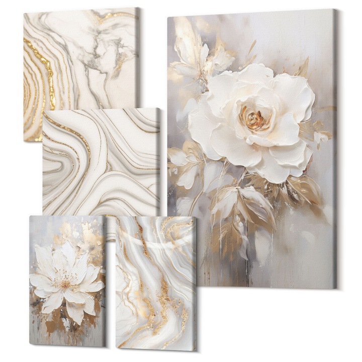 Set Tablou 5 piese pentaptic, Wallfluent, Modele abstracte subtile, 5 piese, (2x20x30 + 2x30x30 + 40x60 cm), Decorativ, Modern, 040030010500000288323