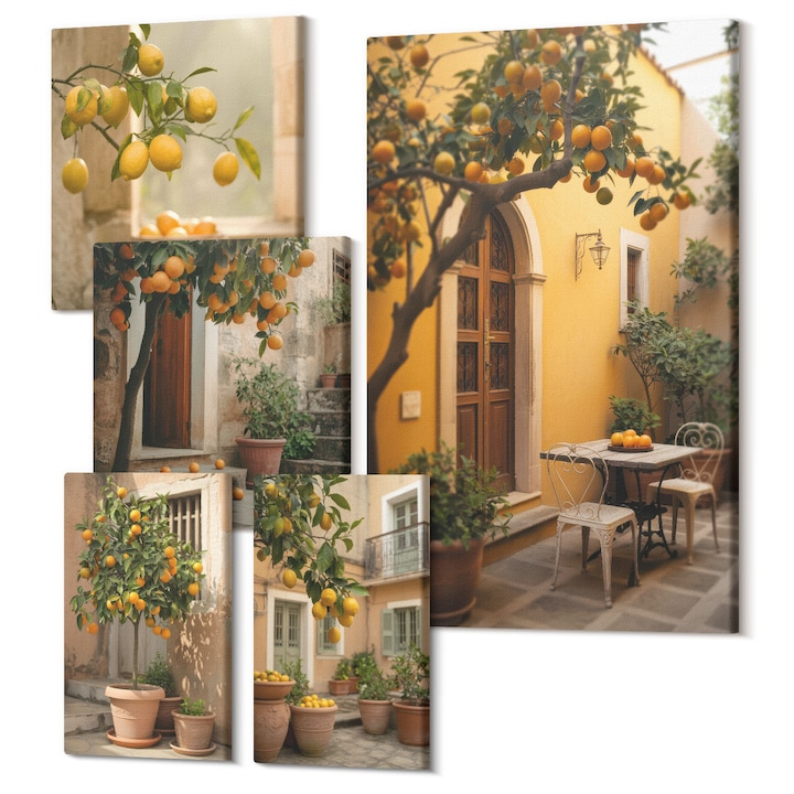 Set Tablouri Canvas decor interior, Wallfluent, Terasa cu citrice, 5 piese, (2x20x30 + 2x30x30 + 40x60 cm), Decorativ, Modern, 040030010500000288311