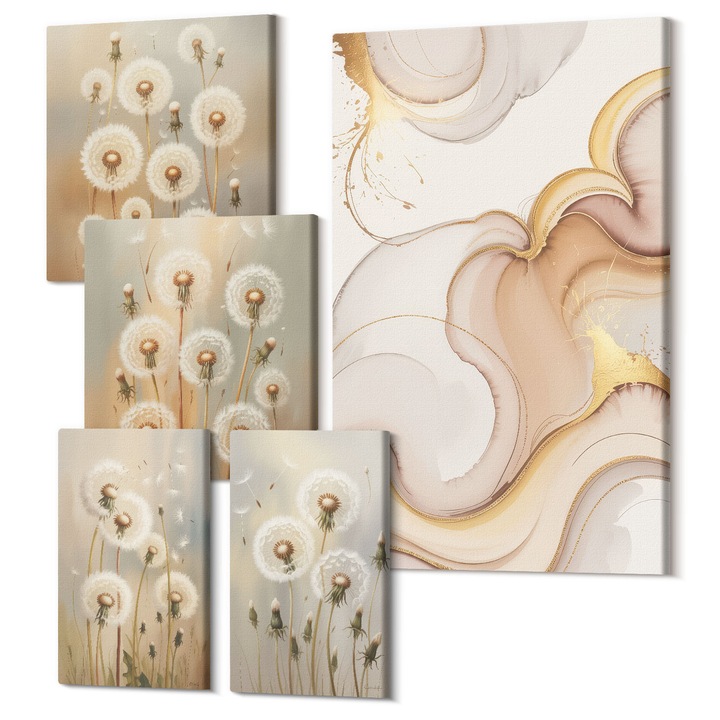 Set Tablou 5 piese pentaptic, Wallfluent, Flori de lamaie pe litoral, 5 piese, (2x20x30 + 2x30x30 + 40x60 cm), Decorativ, Modern, 040030010500000288295