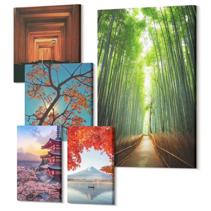 Set Tablouri Canvas decor interior, Wallfluent, Vederi la mare, case colorate, 5 piese, (2x20x30 + 2x30x30 + 40x60 cm), Decorativ, Modern, 040030010500000288269