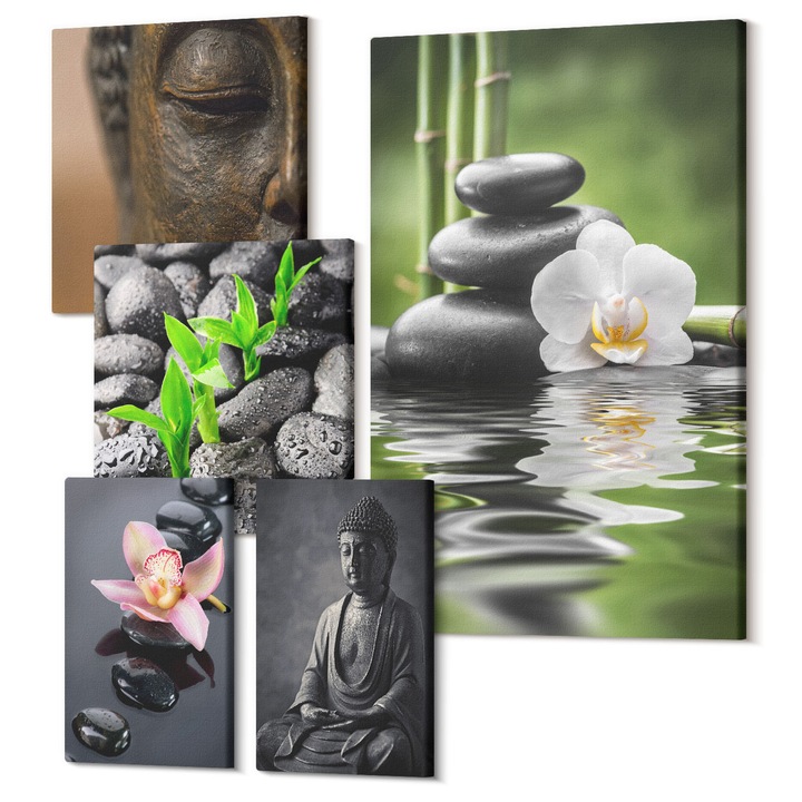 Set Tablou 5 piese pentaptic, Wallfluent, Decoratiuni cu flori in vaze, 5 piese, (2x20x30 + 2x30x30 + 40x60 cm), Decorativ, Modern, 040030010500000288302