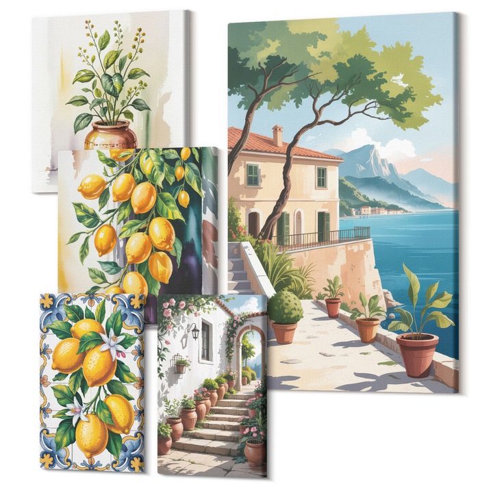 Picturi pe panza pentaptic pentru living, Wallfluent, Citrice la fereastra de la malul marii, 5 piese, (2x20x30 + 2x30x30 + 40x60 cm), Decorativ, Modern, 040030010500000288294