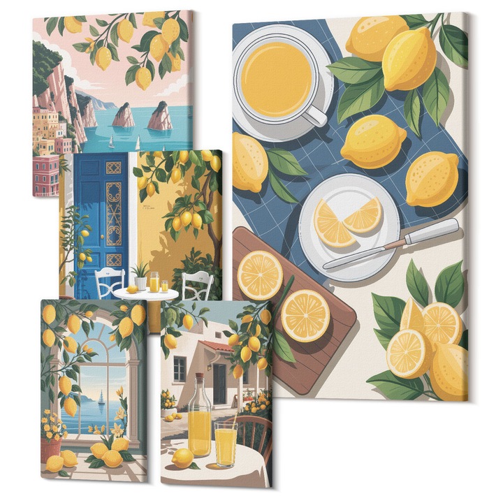 Set Tablou 5 piese pentaptic, Wallfluent, Munti cer roz apa suculenta, 5 piese, (2x20x30 + 2x30x30 + 40x60 cm), Decorativ, Modern, 040030010500000288337