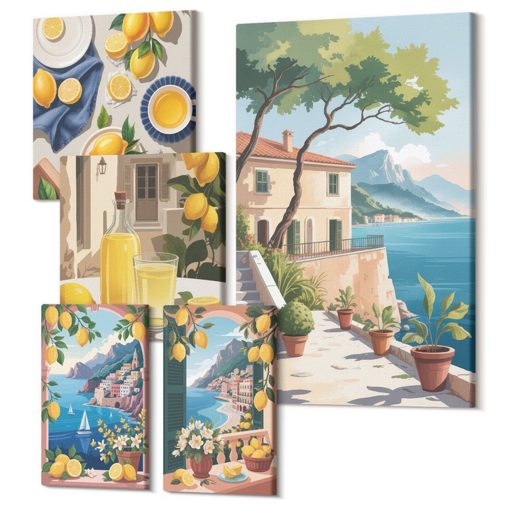 Set Tablouri Polycanvas, Wallfluent, Flori de maslin in vaze natura, 5 piese, (2x20x30 + 2x30x30 + 40x60 cm), Decorativ, Modern, 040030010500000288305