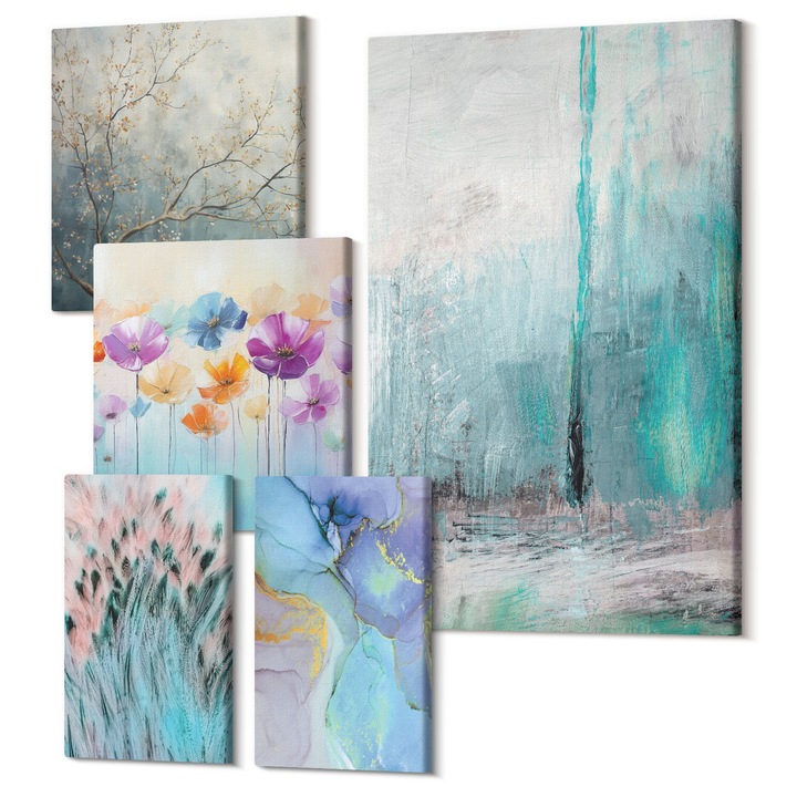 Set Tablou 5 piese pentaptic, Wallfluent, Peisajul Farului Fata Cal, 5 piese, (2x20x30 + 2x30x30 + 40x60 cm), Decorativ, Modern, 040030010500000288253