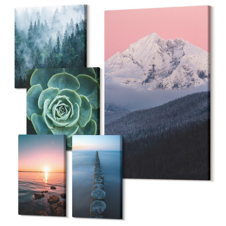 Picturi pe panza pentaptic pentru living, Wallfluent, Cascade munti peisaje natura, 5 piese, (2x20x30 + 2x30x30 + 40x60 cm), Decorativ, Modern, 040030010500000288336