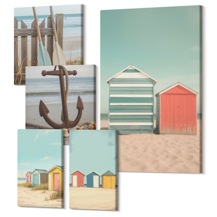 Set Tablouri Polycanvas, Wallfluent, Case colorate plaja soare, 5 piese, (2x20x30 + 2x30x30 + 40x60 cm), Decorativ, Modern, 040030010500000288333