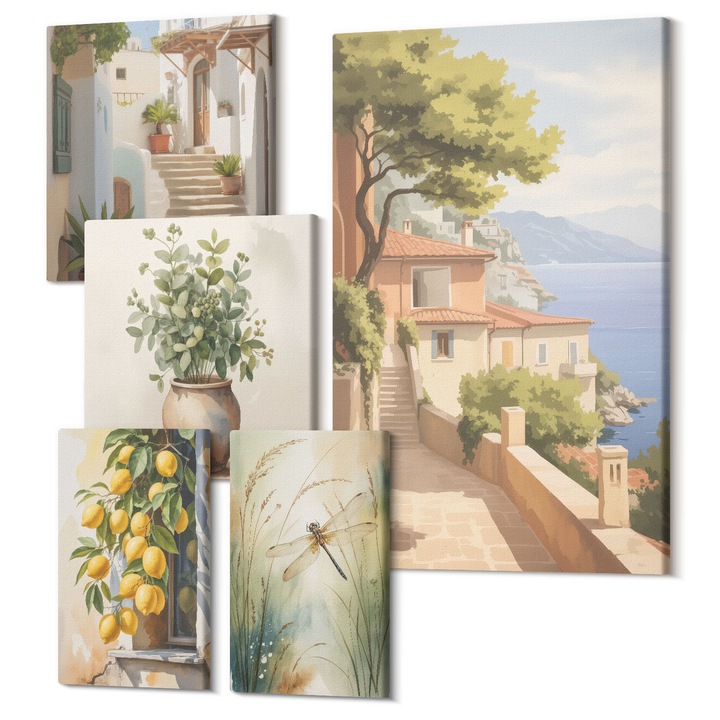 Picturi pe panza pentaptic pentru living, Wallfluent, Arhitectura orasului Lemons, 5 piese, (2x20x30 + 2x30x30 + 40x60 cm), Decorativ, Modern, 040030010500000288287