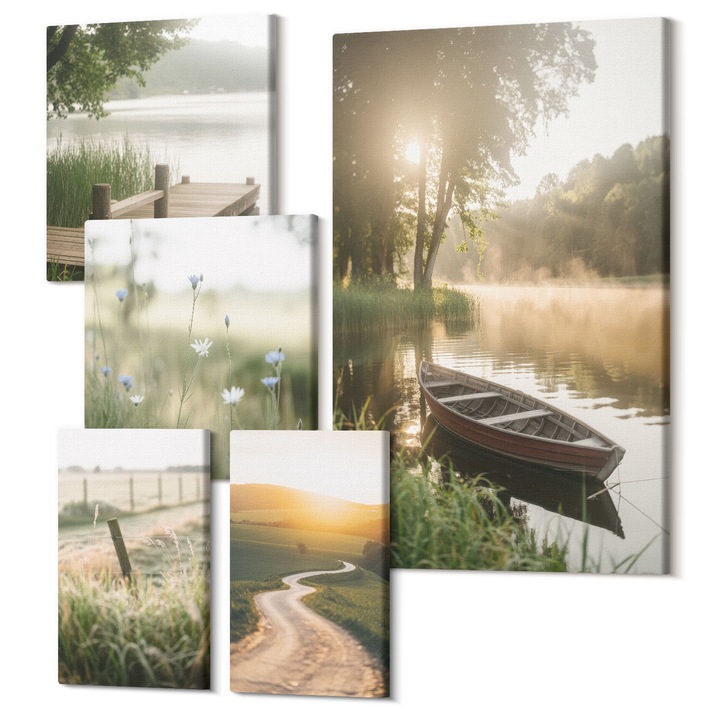 Tablouri modulare perete, Wallfluent, Libelule iarba pictura pe apa, 5 piese, (2x20x30 + 2x30x30 + 40x60 cm), Decorativ, Modern, 040030010500000288320