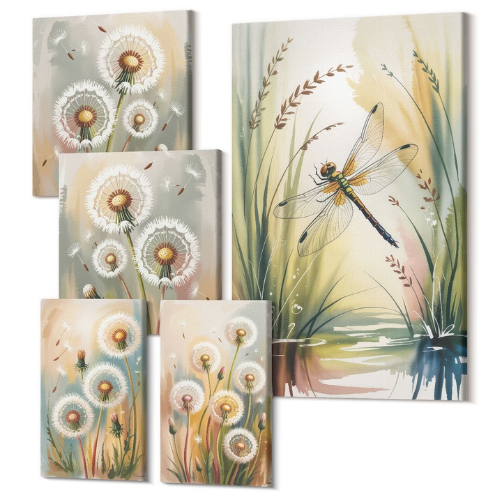 Set Tablouri Canvas decor interior, Wallfluent, Flori pastelate de papadie, 5 piese, (2x20x30 + 2x30x30 + 40x60 cm), Decorativ, Modern, 040030010500000288297