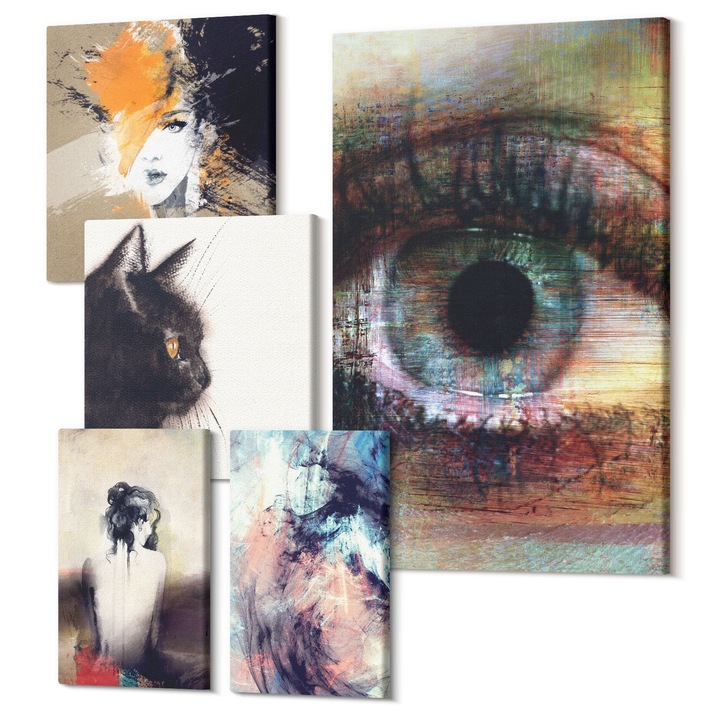 Set Tablouri Canvas decor interior, Wallfluent, Valuri galbene gri-maro, 5 piese, (2x20x30 + 2x30x30 + 40x60 cm), Decorativ, Modern, 040030010500000288234