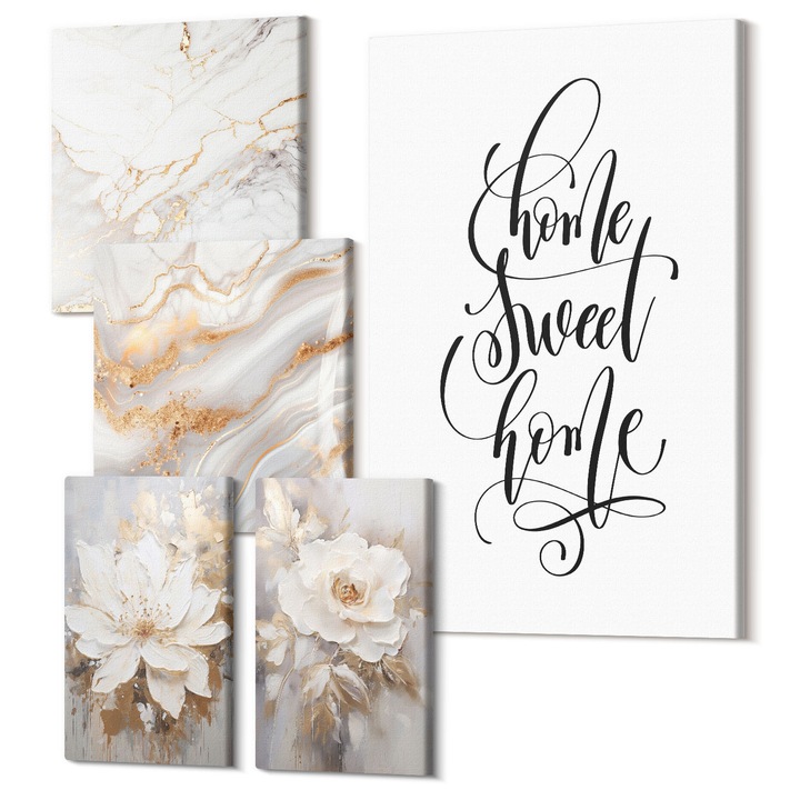 Set Tablou Canvas, Wallfluent, Portret flori culori intense, 5 piese, (2x20x30 + 2x30x30 + 40x60 cm), Decorativ, Modern, 040030010500000288247