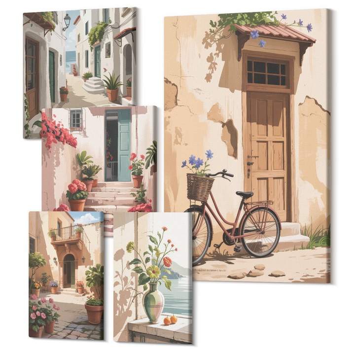 Set Tablou 5 piese pentaptic, Wallfluent, Strazi fermecatoare de pe litoral, 5 piese, (2x20x30 + 2x30x30 + 40x60 cm), Decorativ, Modern, 040030010500000288316