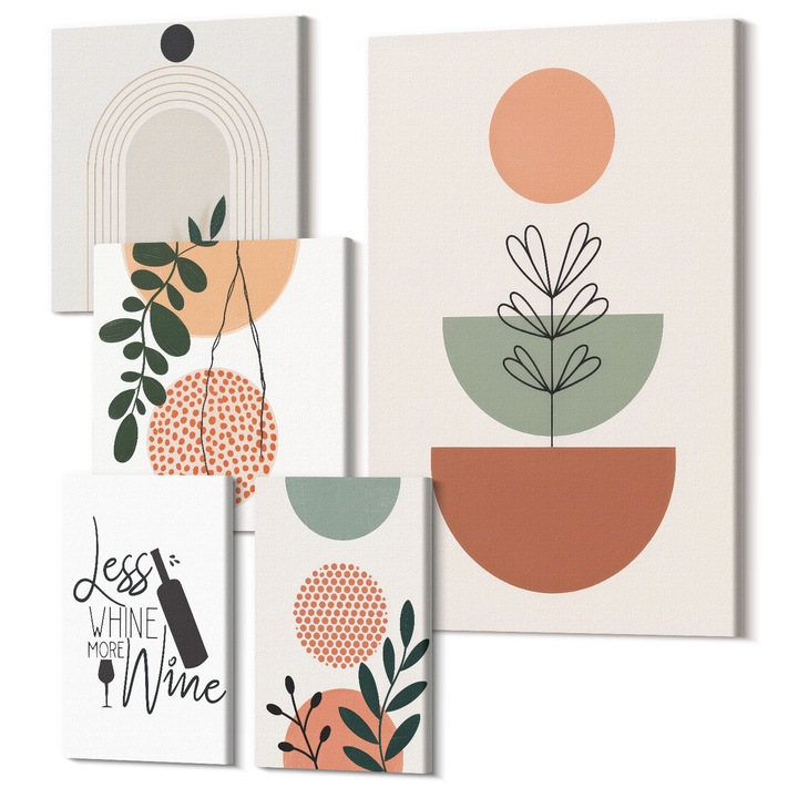 Set Tablou Canvas, Wallfluent, Forme abstracte ale plantelor, 5 piese, (2x20x30 + 2x30x30 + 40x60 cm), Decorativ, Modern, 040030010500000288366
