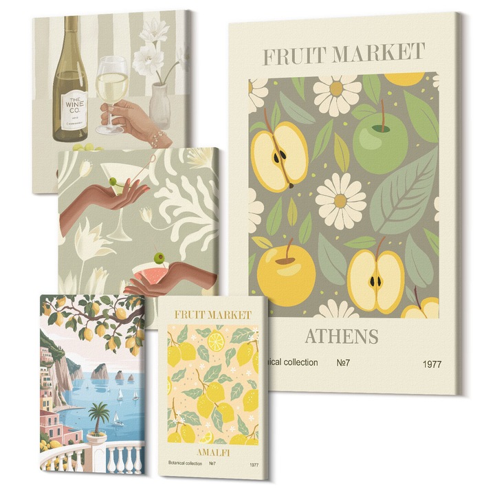 Set Tablou 5 piese pentaptic, Wallfluent, Afise vintage cu modele de fructe, 5 piese, (2x20x30 + 2x30x30 + 40x60 cm), Decorativ, Modern, 040030010500000288400