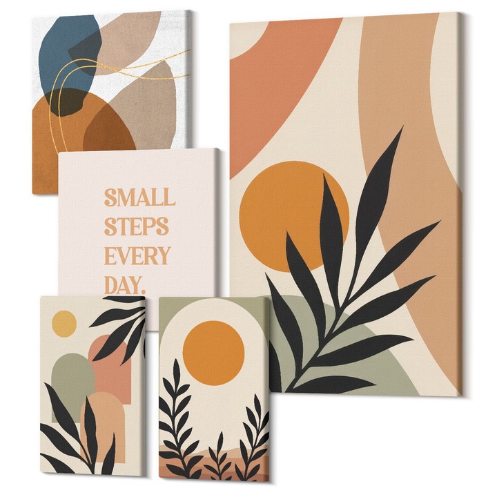 Set Tablouri Canvas decor interior, Wallfluent, Motive vegetale moderne, 5 piese, (2x20x30 + 2x30x30 + 40x60 cm), Decorativ, Modern, 040030010500000288367