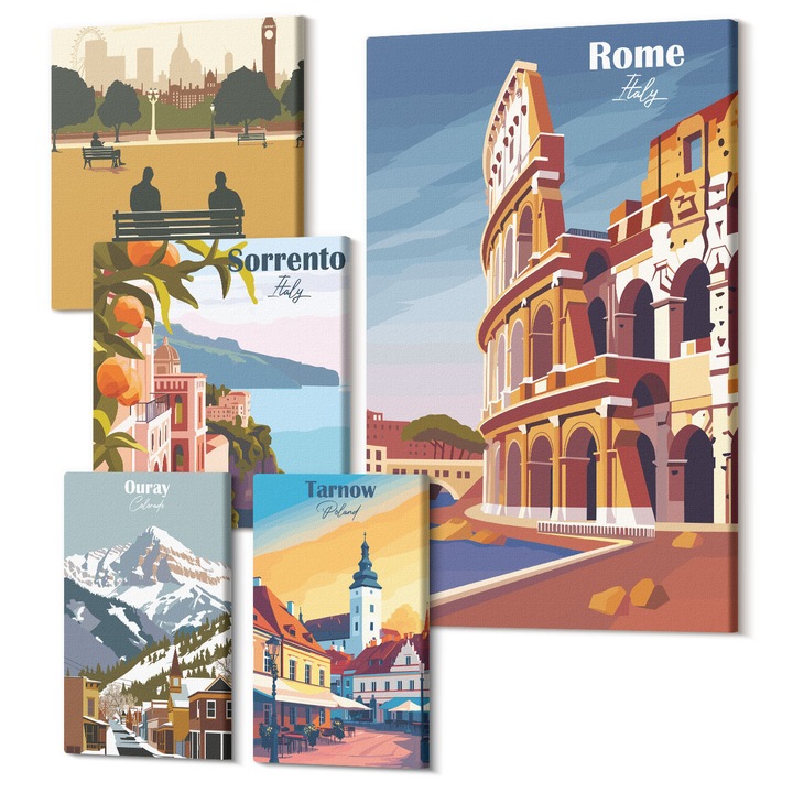 Picturi pe panza pentaptic pentru living, Wallfluent, Modele de fructe Boho papaya, 5 piese, (2x20x30 + 2x30x30 + 40x60 cm), Decorativ, Modern, 040030010500000288406