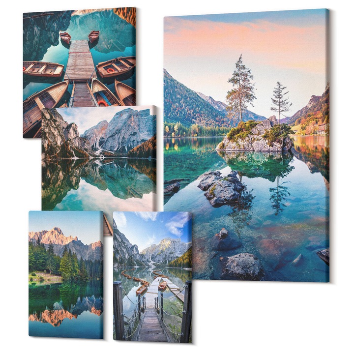 Set Tablouri Canvas decor interior, Wallfluent, Calea padure cascada vegetatie, 5 piese, (2x20x30 + 2x30x30 + 40x60 cm), Decorativ, Modern, 040030010500000288472