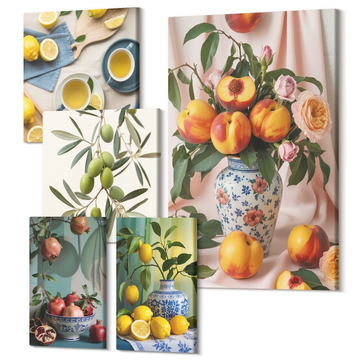 Set Tablou 5 piese pentaptic, Wallfluent, Compozitii de fructe, 5 piese, (2x20x30 + 2x30x30 + 40x60 cm), Decorativ, Modern, 040030010500000288344